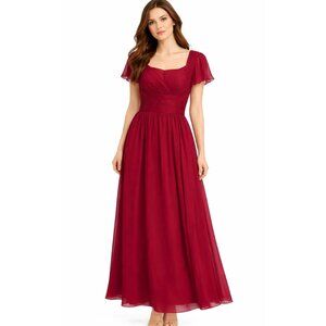 Burgundy Red Chiffon Formal Dress Square Neck Flutter Sleeve Evening Gown 10